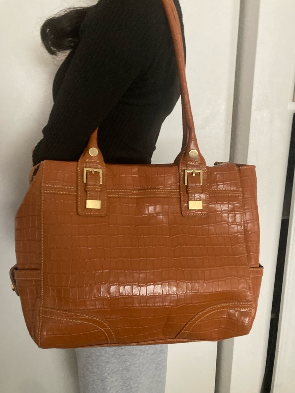Maxx New York Croc-Embossed Tote in Cognac Brown